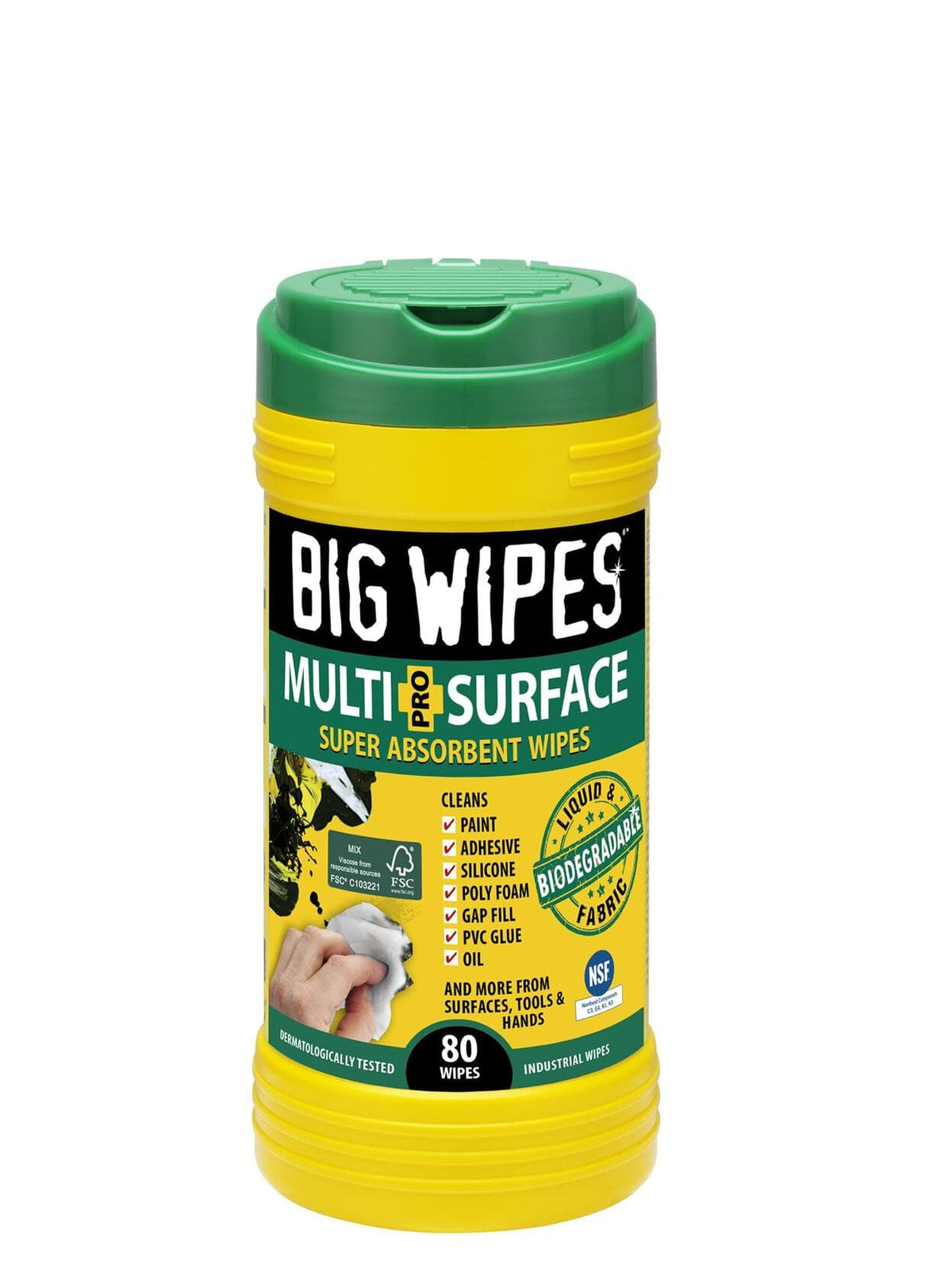 An 80-count tub of Big Wipes Pro Multi-Surface cleaning wipes in its yellow and green container with the lid closed