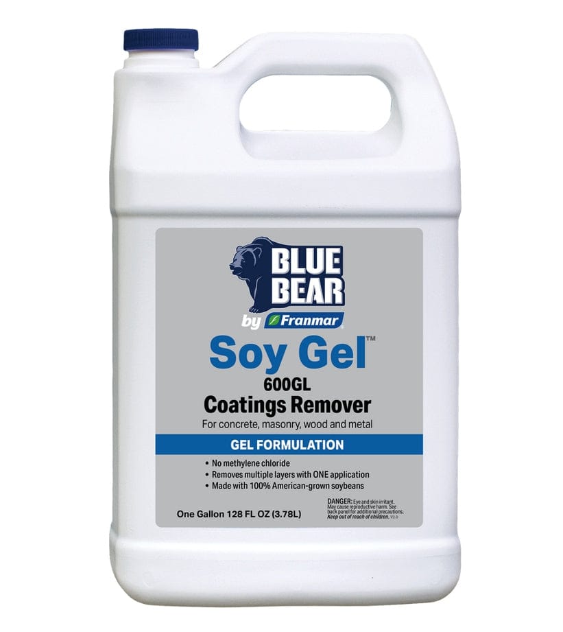Front view of the Blue Bear 600GL Soy Gel Coatings Remover one gallon jug featuring a white container with an integrated handle and blue label accents.