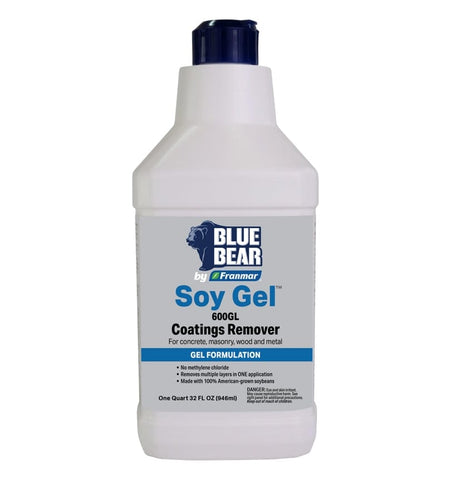 A white 1 quart bottle of Blue Bear 600GL Soy Gel Coatings Remover by Franmar against a white background. The label specifies this is a non-caustic gel formulation for stripping paint and urethane from concrete, masonry, wood, and metal. Key product features listed on the bottle include no methylene chloride, the ability to remove multiple layers in one application, and being made from 100% American-grown soybeans.