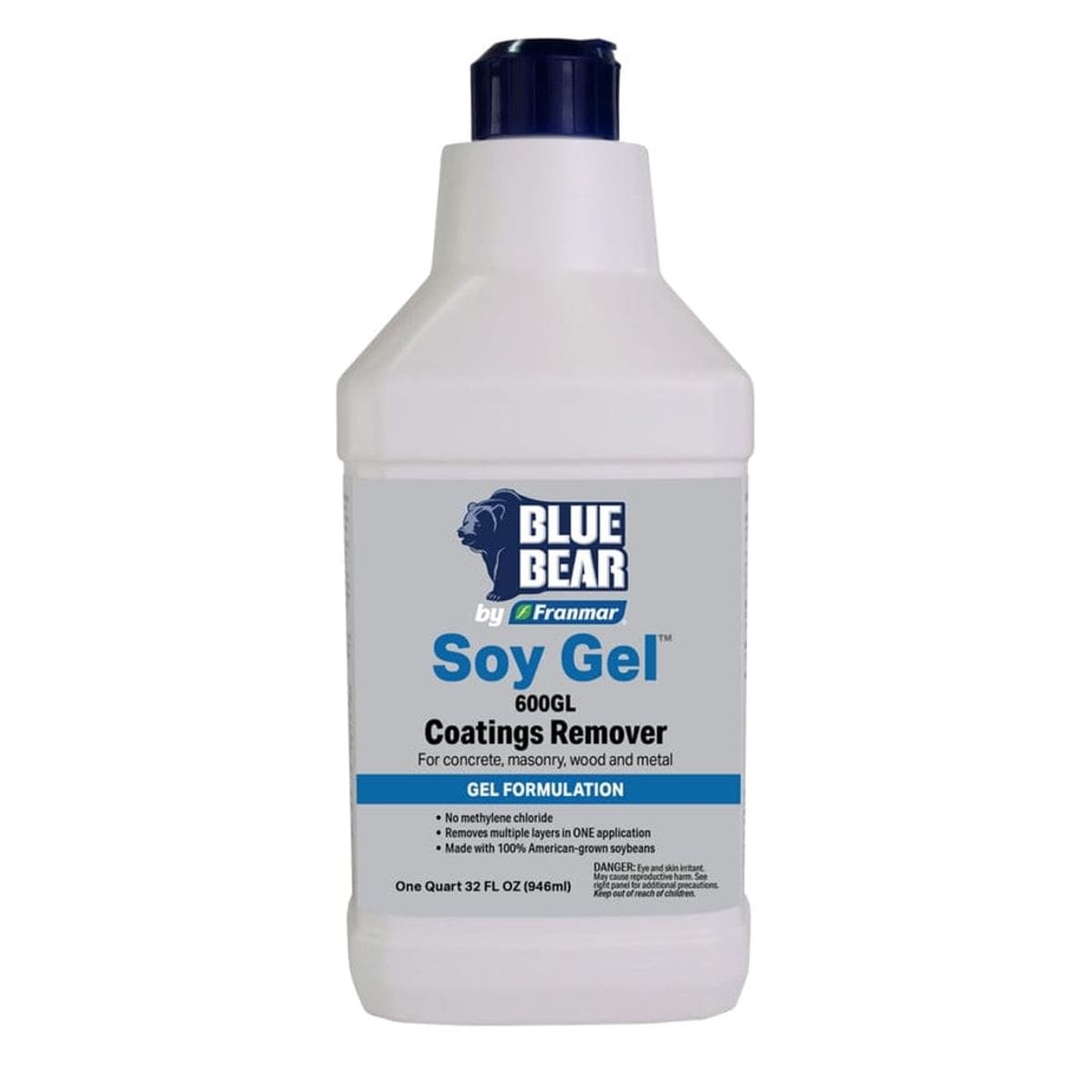 A white 1 quart bottle of Blue Bear 600GL Soy Gel Coatings Remover by Franmar against a white background. The label specifies this is a non-caustic gel formulation for stripping paint and urethane from concrete, masonry, wood, and metal. Key product features listed on the bottle include no methylene chloride, the ability to remove multiple layers in one application, and being made from 100% American-grown soybeans.