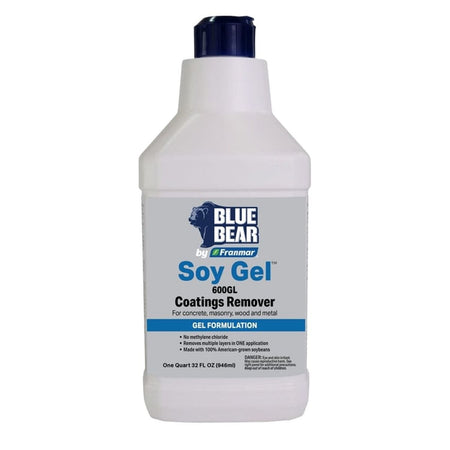 A white 1 quart bottle of Blue Bear 600GL Soy Gel Coatings Remover by Franmar against a white background. The label specifies this is a non-caustic gel formulation for stripping paint and urethane from concrete, masonry, wood, and metal. Key product features listed on the bottle include no methylene chloride, the ability to remove multiple layers in one application, and being made from 100% American-grown soybeans.