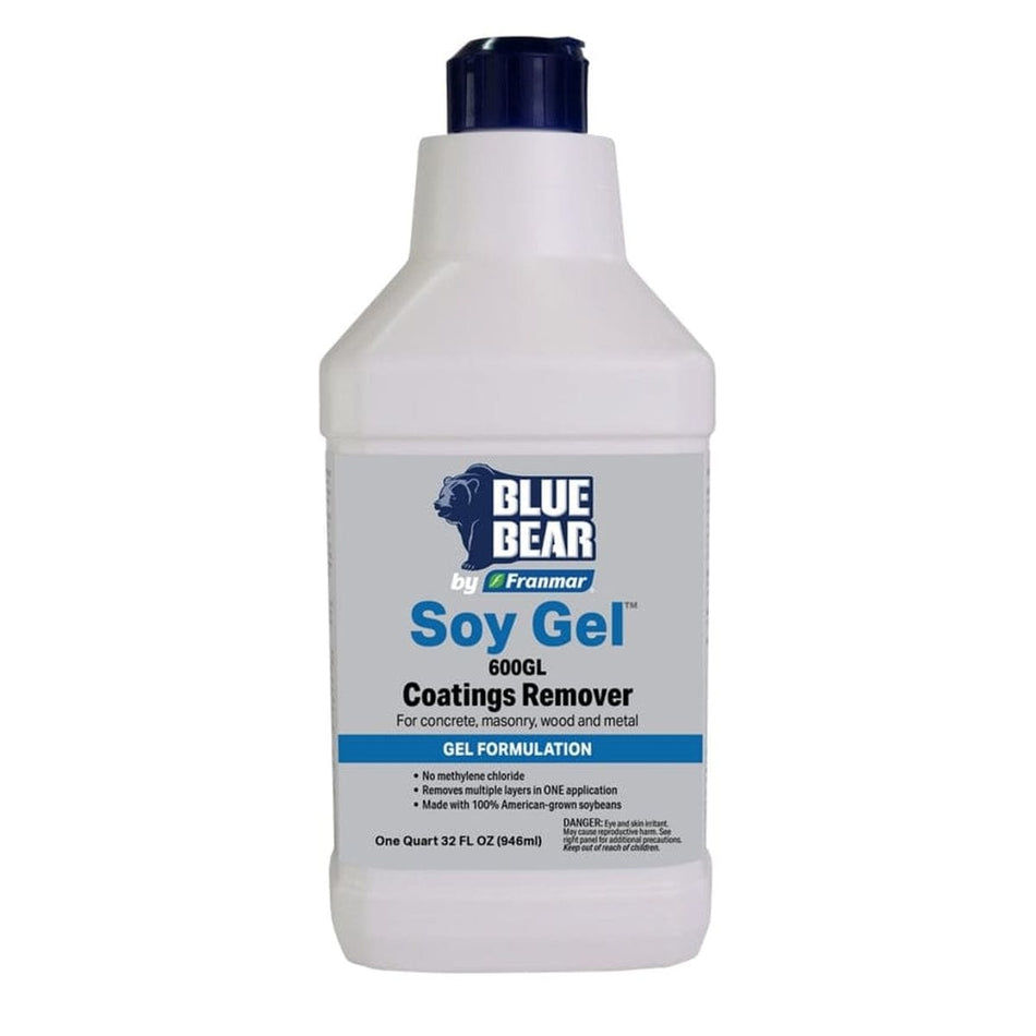 A white 1 quart bottle of Blue Bear 600GL Soy Gel Coatings Remover by Franmar against a white background. The label specifies this is a non-caustic gel formulation for stripping paint and urethane from concrete, masonry, wood, and metal. Key product features listed on the bottle include no methylene chloride, the ability to remove multiple layers in one application, and being made from 100% American-grown soybeans.