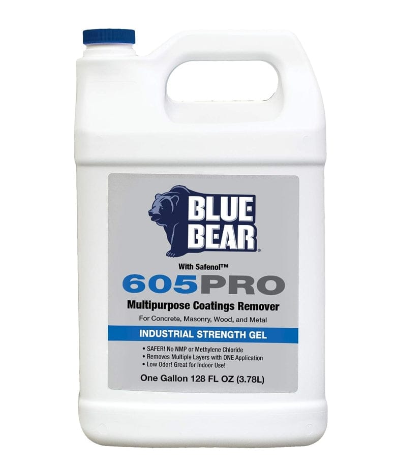 Front view of the Blue Bear 605PRO Safenol multipurpose coatings remover one gallon jug featuring a white container with a blue cap and grey label.