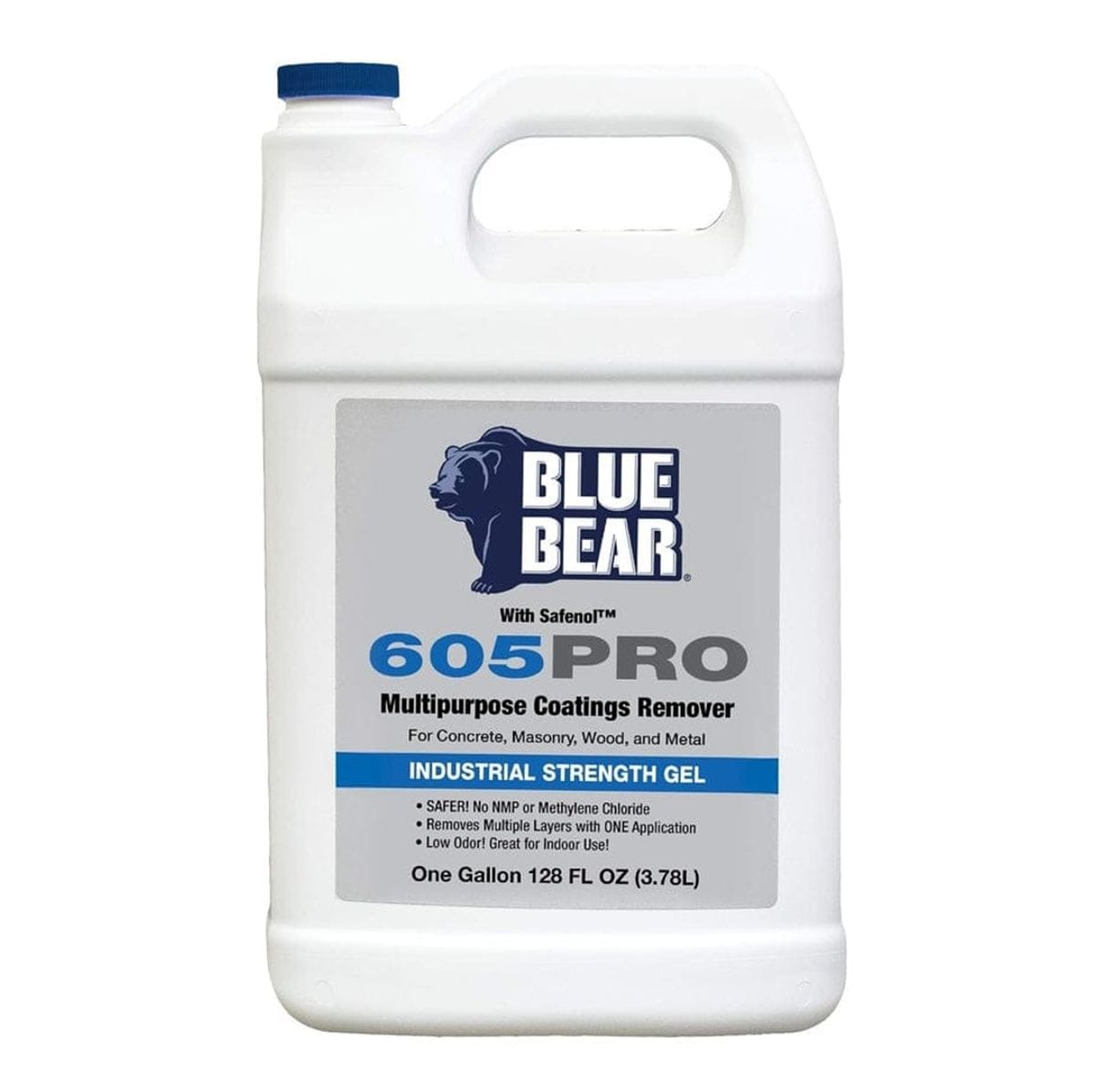 Front view of the Blue Bear 605PRO Safenol multipurpose coatings remover one gallon jug featuring a white container with a blue cap and grey label.