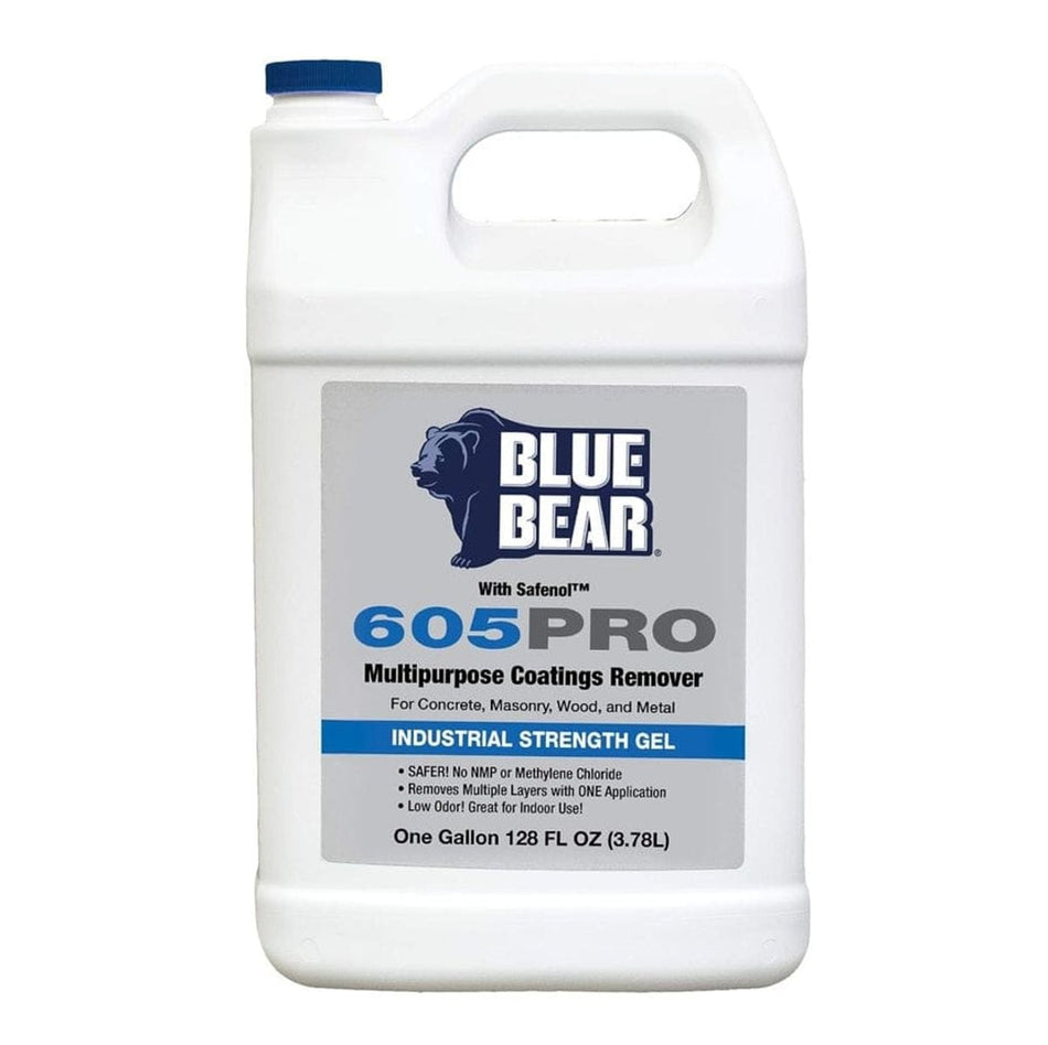 Front view of the Blue Bear 605PRO Safenol multipurpose coatings remover one gallon jug featuring a white container with a blue cap and grey label.