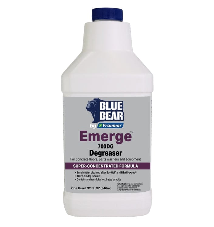 Front view of the Blue Bear 700DG Emerge degreaser quart bottle featuring a white container with a blue cap and grey label.