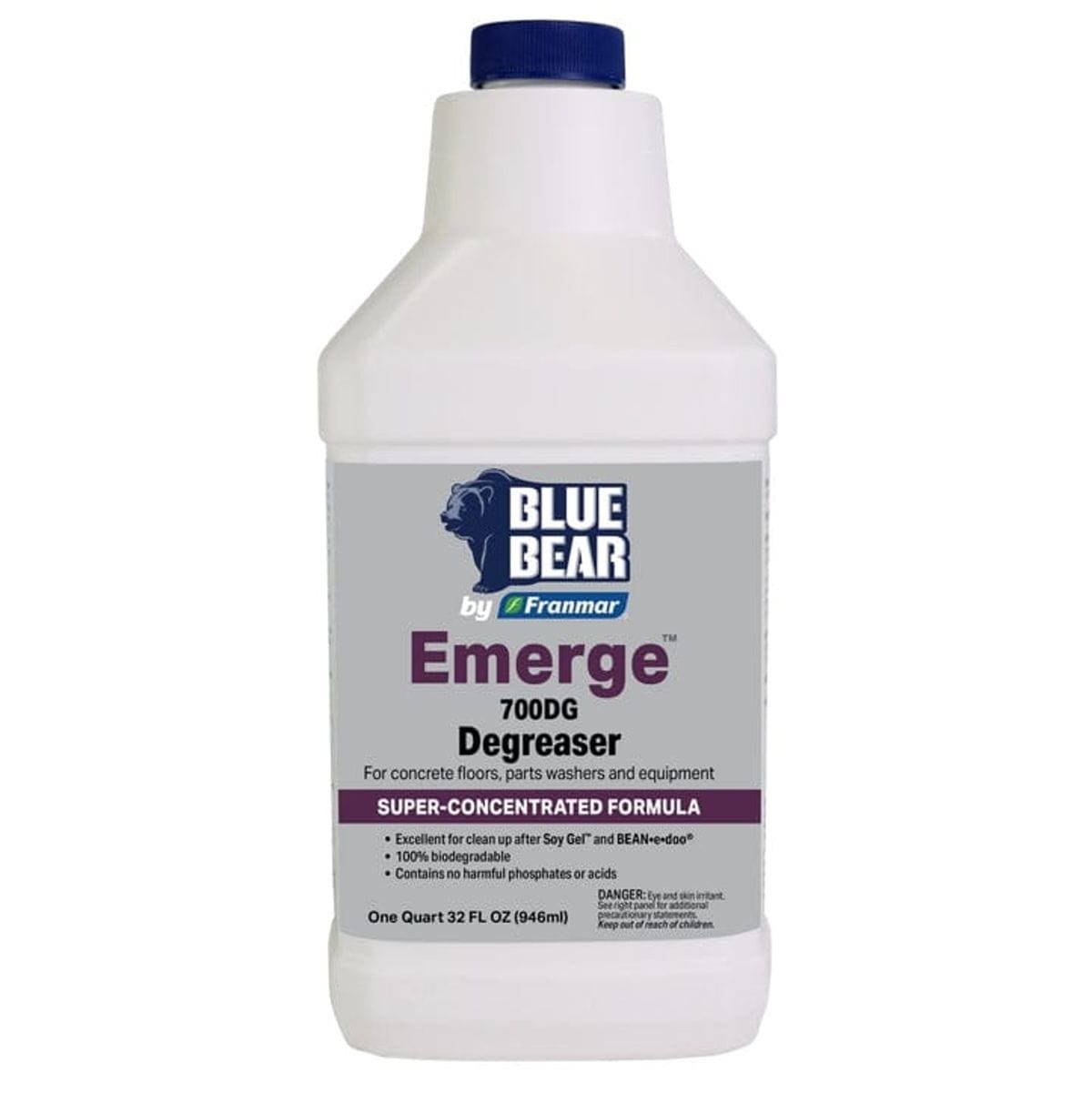 Front view of the Blue Bear 700DG Emerge degreaser quart bottle featuring a white container with a blue cap and grey label.
