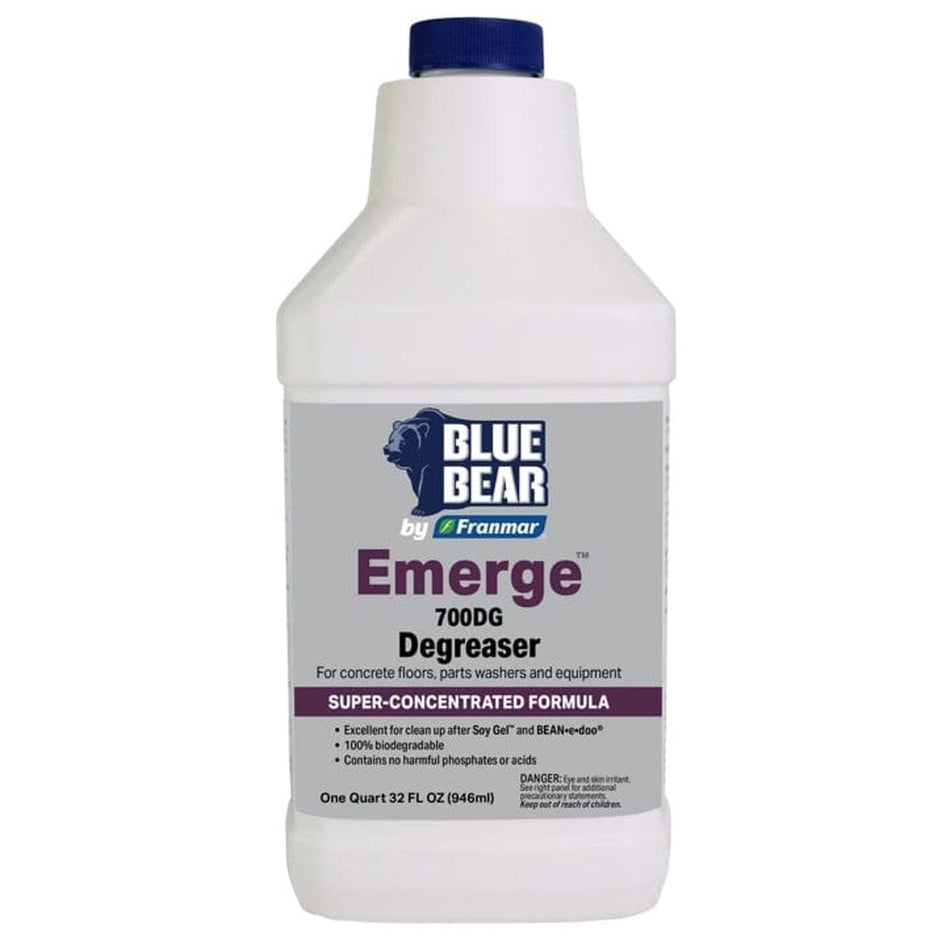 Front view of the Blue Bear 700DG Emerge degreaser quart bottle featuring a white container with a blue cap and grey label.