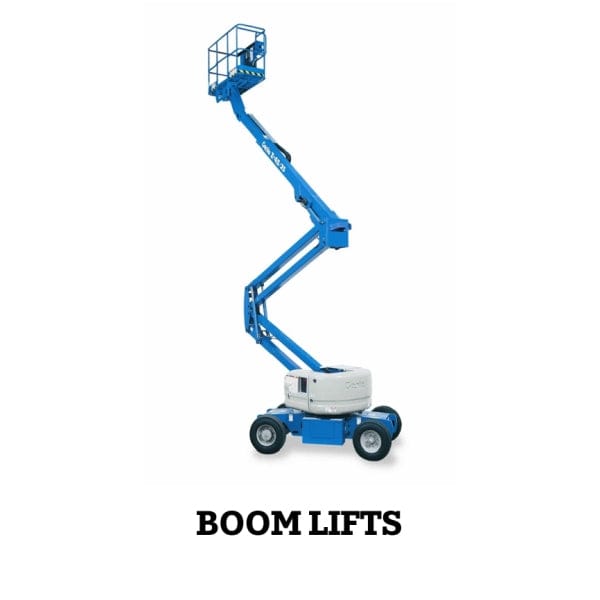 Blue boom lift on a white background with 'BOOM LIFTS' text below.