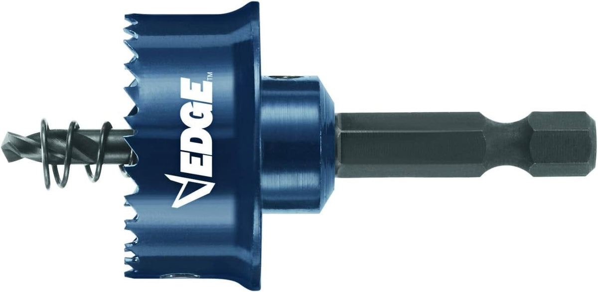 Close-up of Bosch EDGE hole saw with sharp bi-metal teeth, pilot bit, and hex shank, designed for cutting precise holes in sheet metal and other materials.