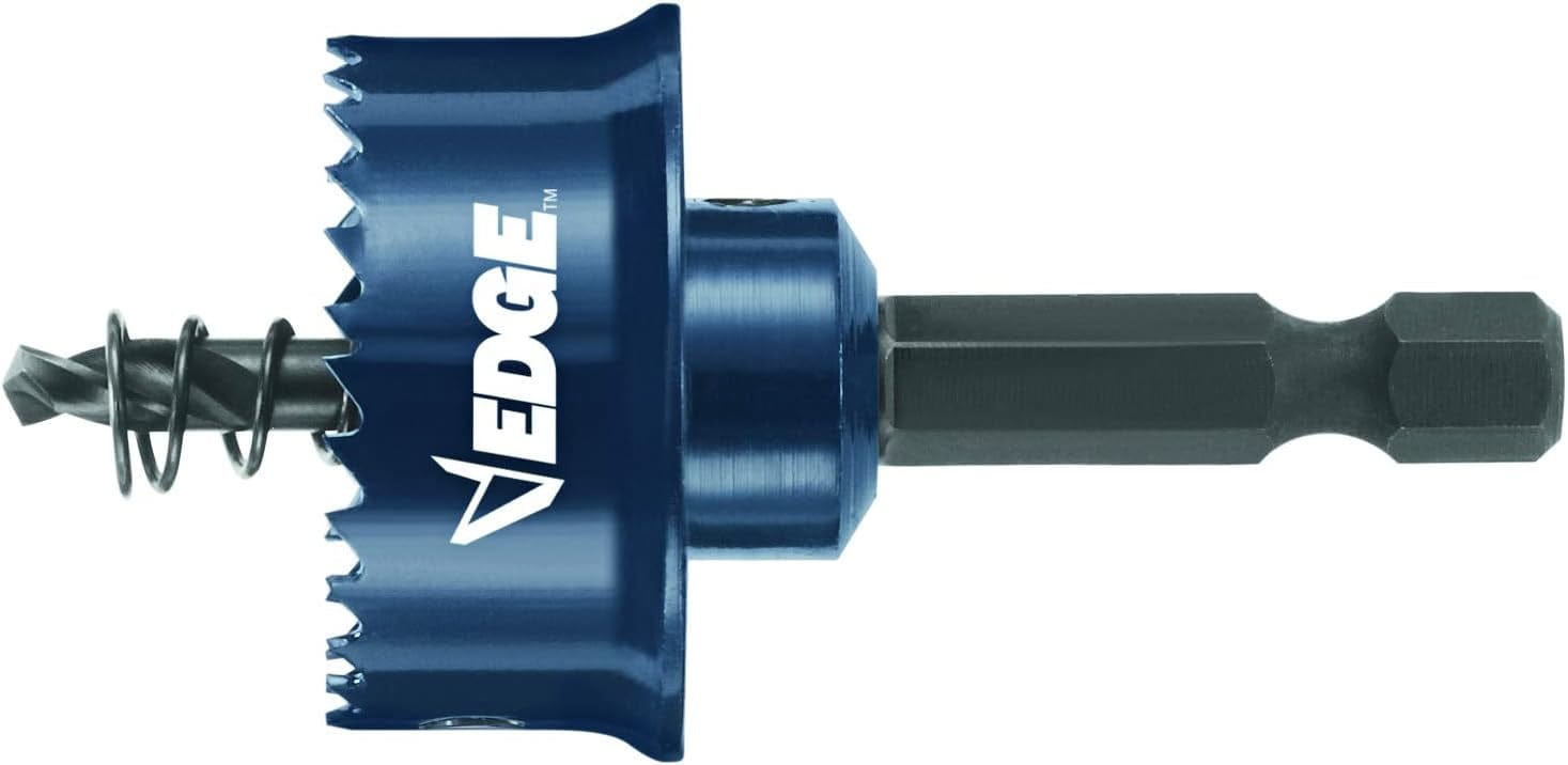 Close-up of Bosch EDGE hole saw with sharp bi-metal teeth, pilot bit, and hex shank, designed for cutting precise holes in sheet metal and other materials.