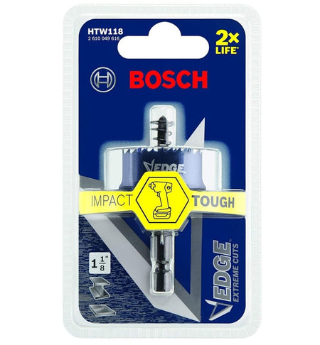 Packaged Bosch HTW118 hole saw labeled “EDGE EXTREME CUTS” with 1-1/8 inch size, impact tough rating, and compatibility with impact drivers.