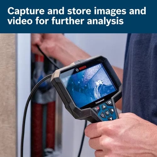 Bosch inspection camera capturing live video feed inside wall; user stores images for later analysis.