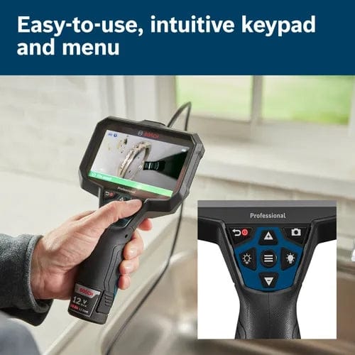 Bosch inspection camera capturing live video feed inside wall; user stores images for later analysis.