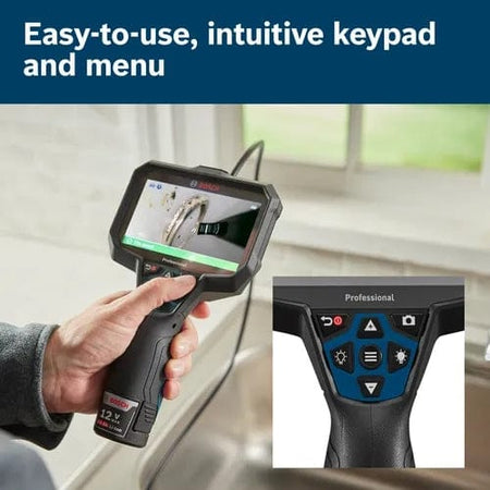 Bosch inspection camera capturing live video feed inside wall; user stores images for later analysis.