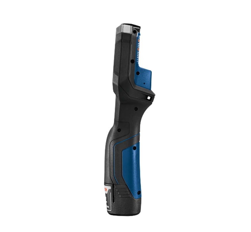 Handheld electronic device with trigger button and screen; ergonomic design for scanning or measuring tasks.