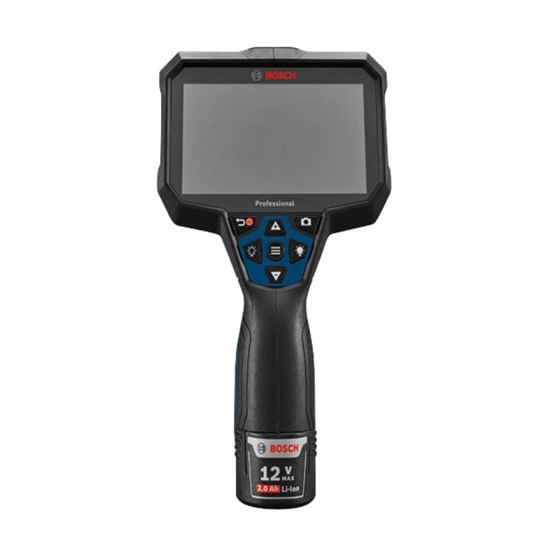 Bosch Professional inspection camera with 5" screen and control buttons; powered by 12V 2.0 Ah Li-ion battery.