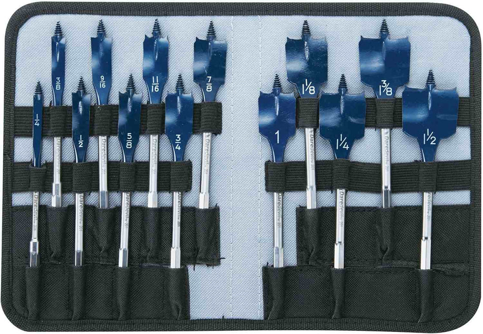 Bosch Daredevil spade bit set organized in a fabric pouch; 13 labeled bits ranging from 1/4 to 1-1/2 inch, each with flat paddle shape and cutting edges for wood drilling.