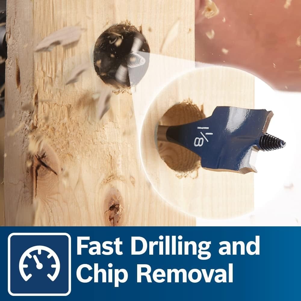 Close-up of Bosch 1/8-inch spade bit drilling into wood with flying chips; labeled 'Fast Drilling and Chip Removal' to emphasize speed and efficiency.