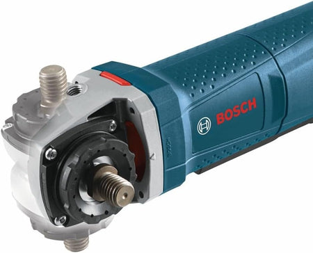 Close-up of Bosch angle grinder showing textured grip, spindle, and mounting components, with red Bosch logo on blue and gray body.