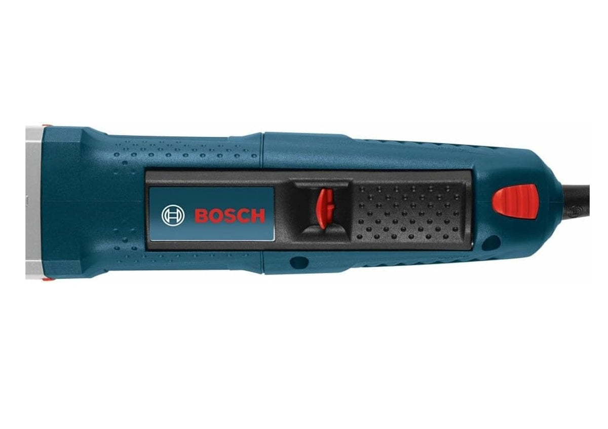 Bosch handheld electric planer with blue and black body, red switch, and ergonomic grip, designed for smoothing wood surfaces.