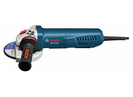 Bosch GWG 13-50P angle grinder with side handle and protective guard, shown in blue with model number and branding clearly visible.