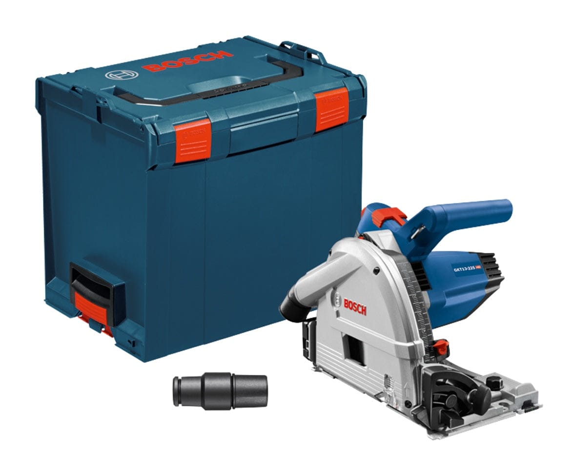 Bosch GKT13-225 track saw kit with saw, blue and red L-Boxx carrying case, and black vacuum hose adapter, arranged for transport and storage.