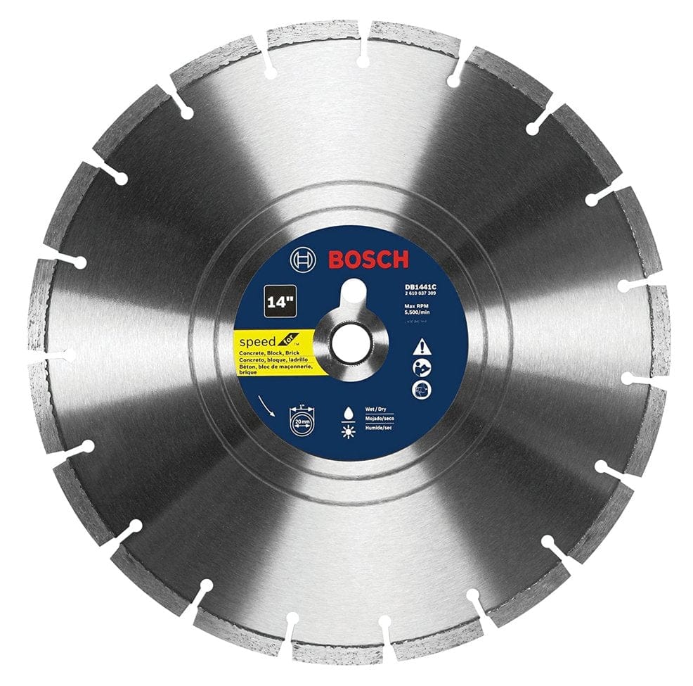 Bosch DRS141C 14-inch segmented diamond blade labeled for wet/dry cutting of concrete, brick, block, pavers, and stone; includes SpeedX branding and safety icons.