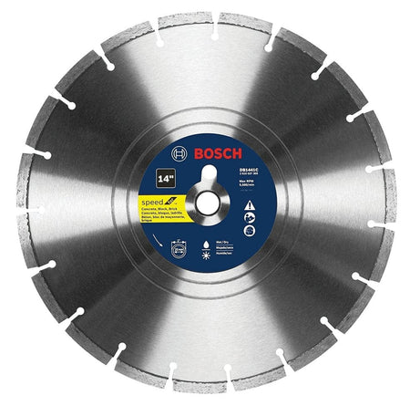 Bosch DRS141C 14-inch segmented diamond blade labeled for wet/dry cutting of concrete, brick, block, pavers, and stone; includes SpeedX branding and safety icons.