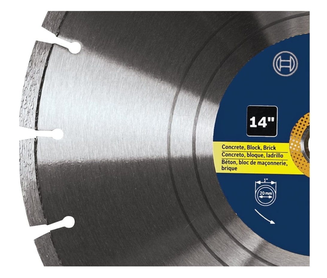 Bosch 14-inch segmented diamond blade with multilingual labeling for concrete, block, and brick; includes cutting depth icon and Bosch branding.
