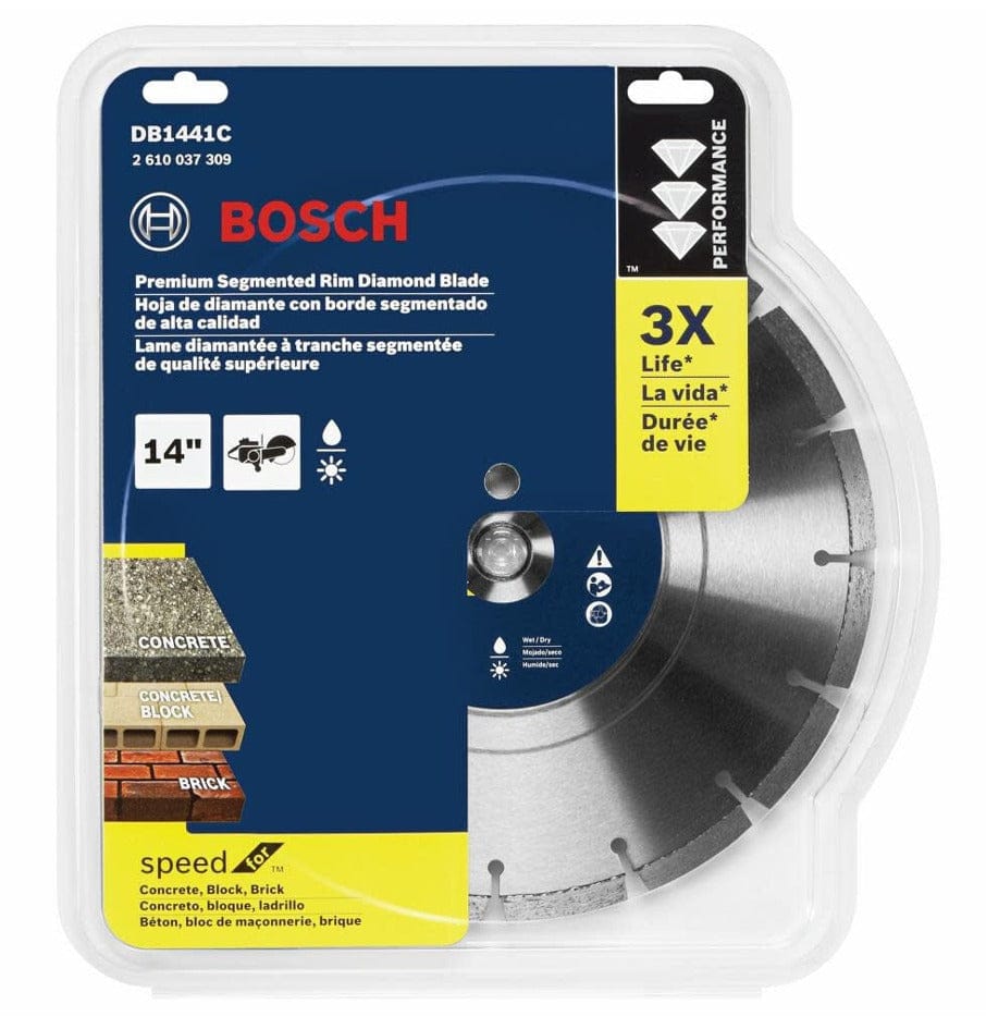 Packaged Bosch DB1441C segmented diamond blade for concrete, block, and brick; labeled with 3X life claim, SpeedX technology, and multilingual features.