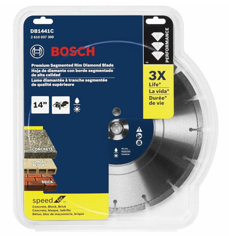 Packaged Bosch DB1441C segmented diamond blade for concrete, block, and brick; labeled with 3X life claim, SpeedX technology, and multilingual features.