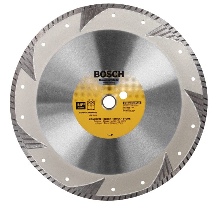 Bosch DB1463 14-inch turbo rim diamond blade with segmented edge and labeled specs for dry cutting stone, concrete, brick, and block materials.