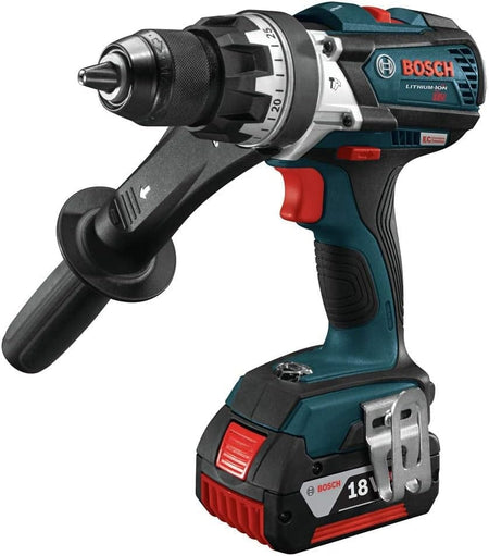 Bosch cordless drill/driver with side handle, keyless chuck, and torque ring, shown with 18V battery and “EC Brushless” branding.