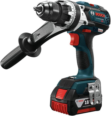 Bosch cordless drill/driver with keyless chuck, torque ring, side handle, and belt clip, powered by 18V brushless motor.