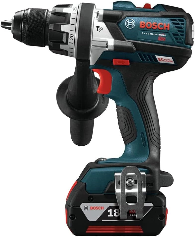 Bosch cordless drill with side handle, torque adjustment ring, and 18V lithium-ion battery, labeled “EC Brushless” for motor efficiency