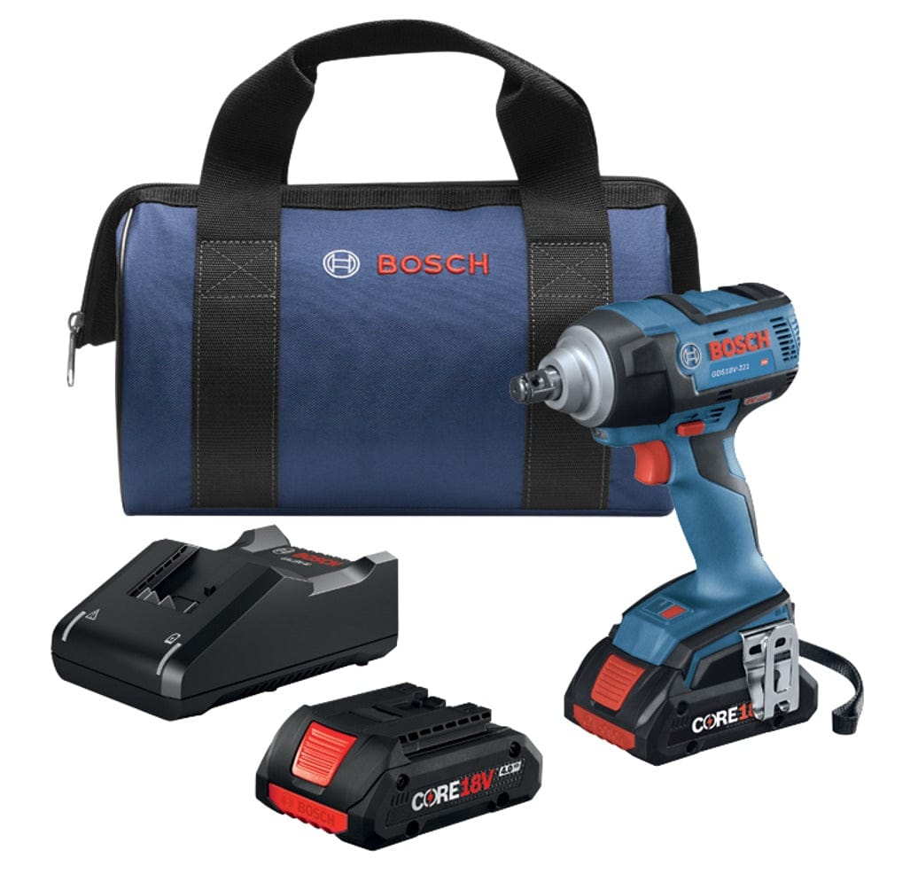 Bosch impact wrench kit including GDS18V-740 tool, two CORE18V 6.3Ah batteries, charger, and branded carrying bag for portable high-torque applications.
