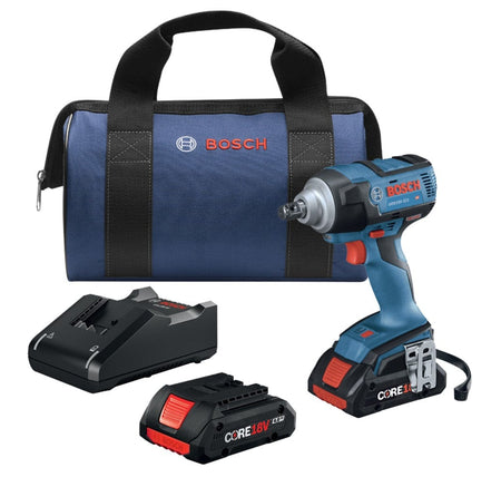 Bosch impact wrench kit including GDS18V-740 tool, two CORE18V 6.3Ah batteries, charger, and branded carrying bag for portable high-torque applications.
