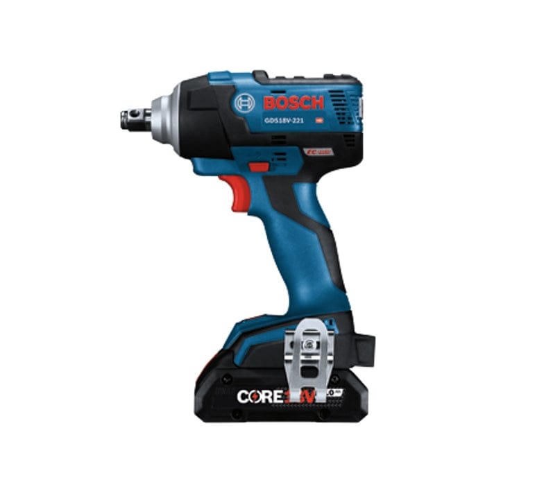 Bosch GDS18V-221 cordless impact wrench with belt clip and CORE18V battery, designed for high-torque fastening in construction and automotive work.