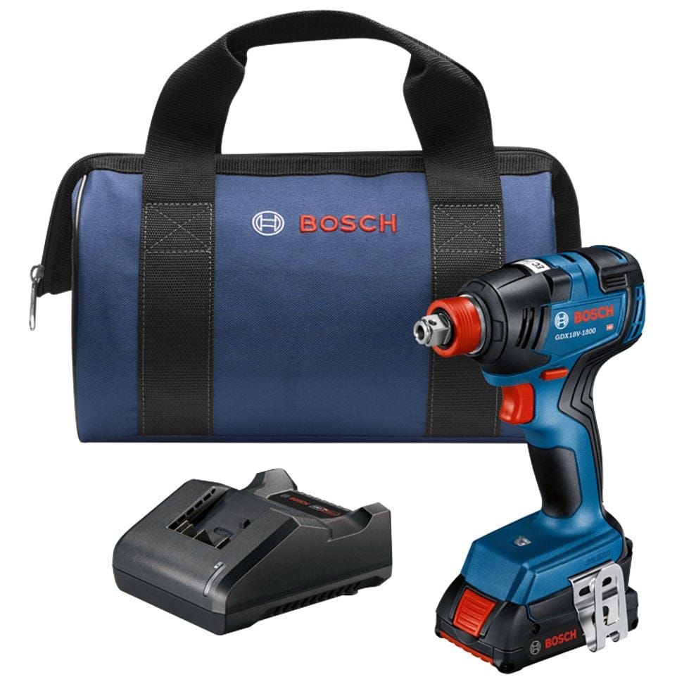 Bosch GDX18V-1800 impact driver kit including tool, battery charger, and branded carrying bag, designed for portable fastening tasks.