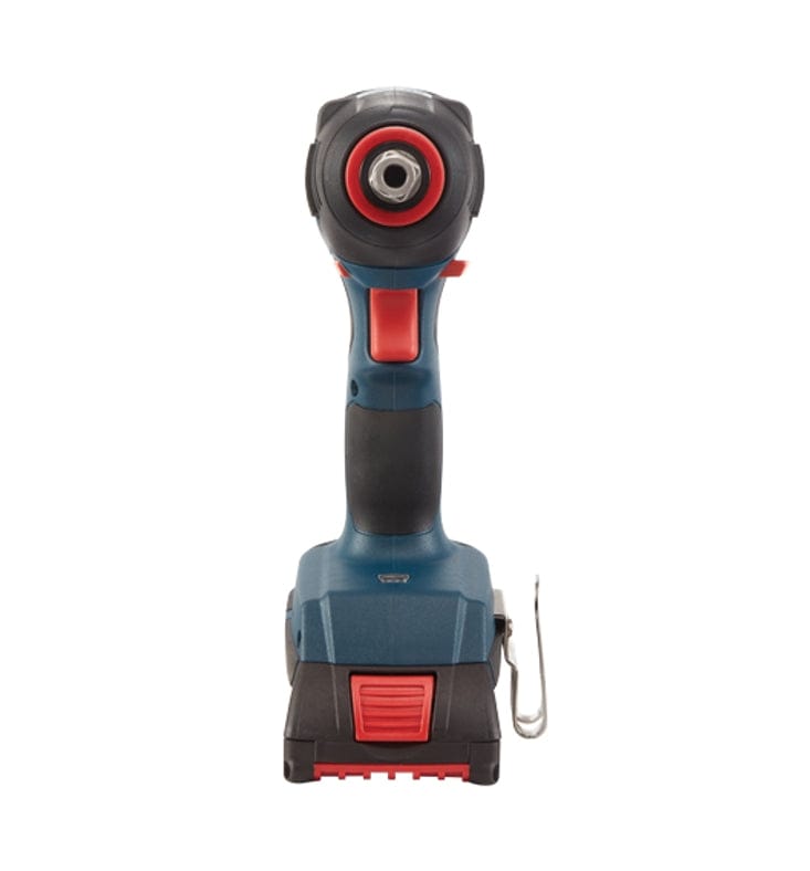 Front view of Bosch cordless impact driver with red trigger, centered drill bit socket, and metal belt clip for convenient carrying.