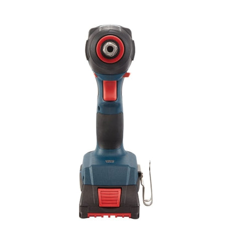 Front view of Bosch cordless impact driver with red trigger, centered drill bit socket, and metal belt clip for convenient carrying.