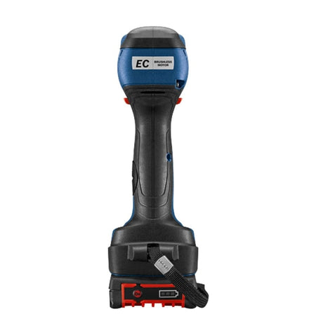 Rear view of Bosch brushless motor drill showing EC motor label, USB-equipped battery pack, and strap for portability and power access.