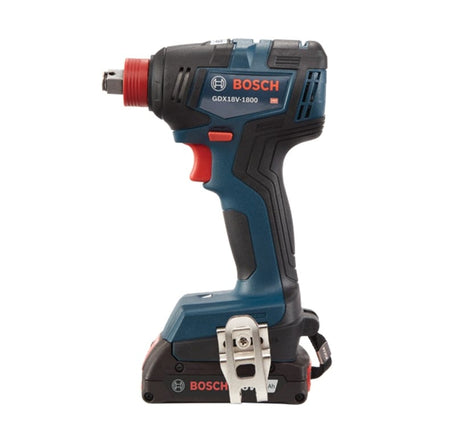 Bosch GDX18V-1800 cordless impact driver with compact design, belt clip, and dual 1/4" hex and 1/2" square drive for versatile fastening.