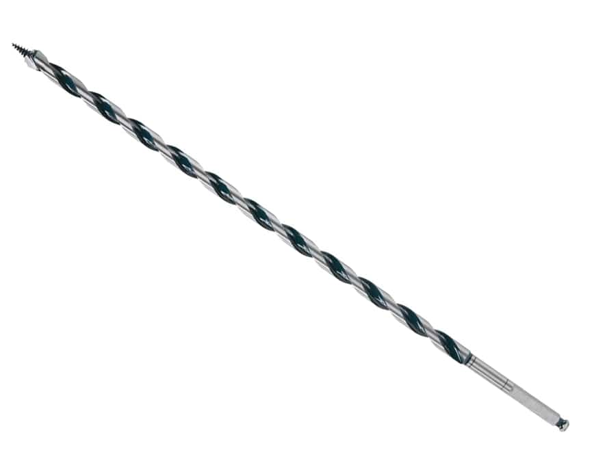 The image shows a Bosch 18x380mm Wood Auger Drill Bit, which is a long, slender drill bit with a metallic silver body and dark blue flutes spiraling down its entire length. It features a prominent threaded tip at the top for self-feeding into wood and a cylindrical shank at the bottom for insertion into a drill.