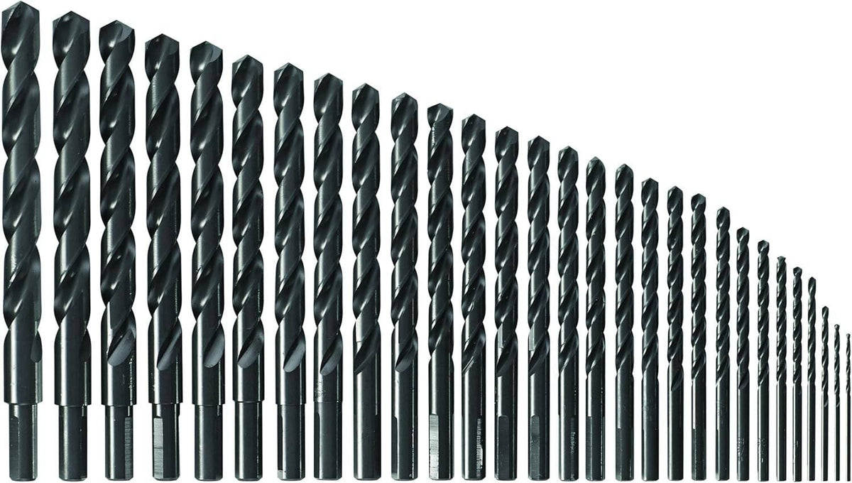 Full set of Bosch black oxide drill bits arranged in ascending size order, featuring spiral flutes and cylindrical shanks for drilling wood, plastic, and light-gauge metal.