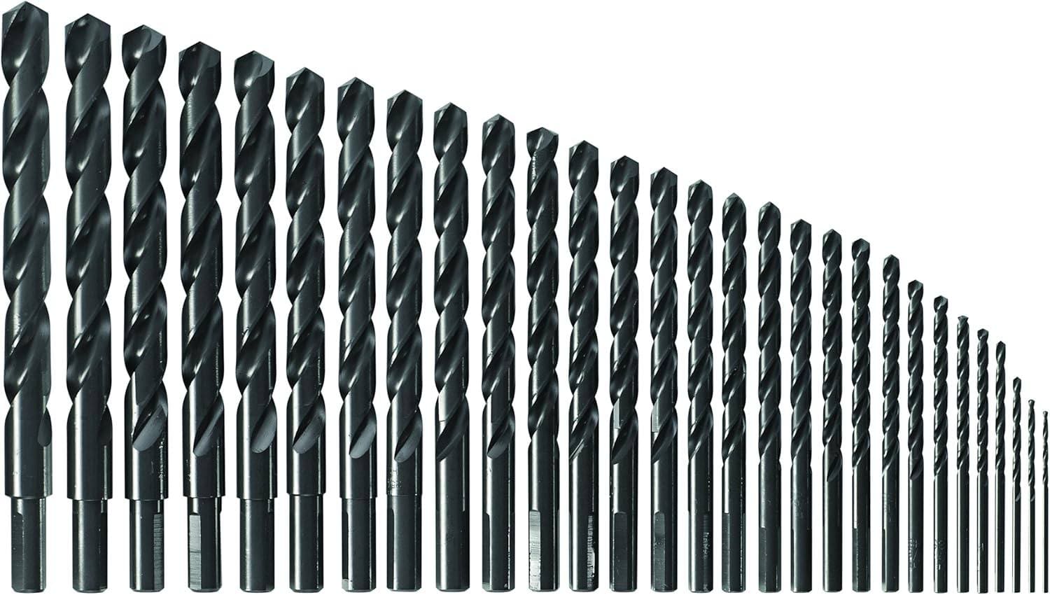 Full set of Bosch black oxide drill bits arranged in ascending size order, featuring spiral flutes and cylindrical shanks for drilling wood, plastic, and light-gauge metal.