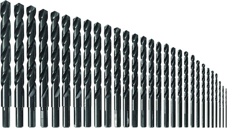 Full set of Bosch black oxide drill bits arranged in ascending size order, featuring spiral flutes and cylindrical shanks for drilling wood, plastic, and light-gauge metal.