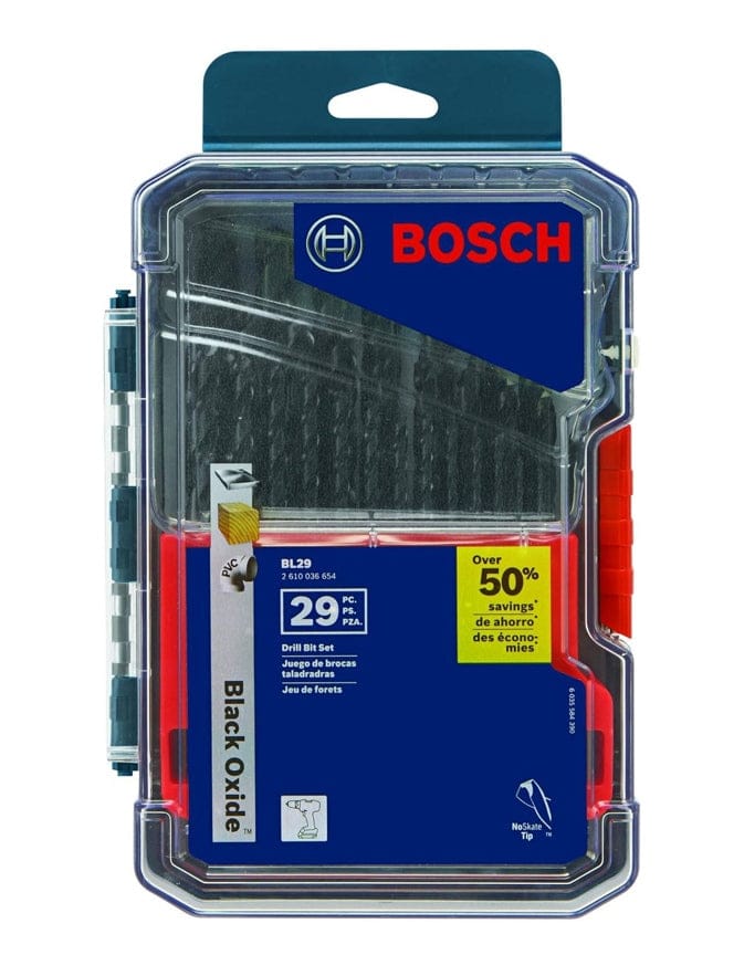 Bosch BL29 29-piece black oxide drill bit set in transparent plastic case with blue and red label showing product name, model number, and multilingual packaging details.