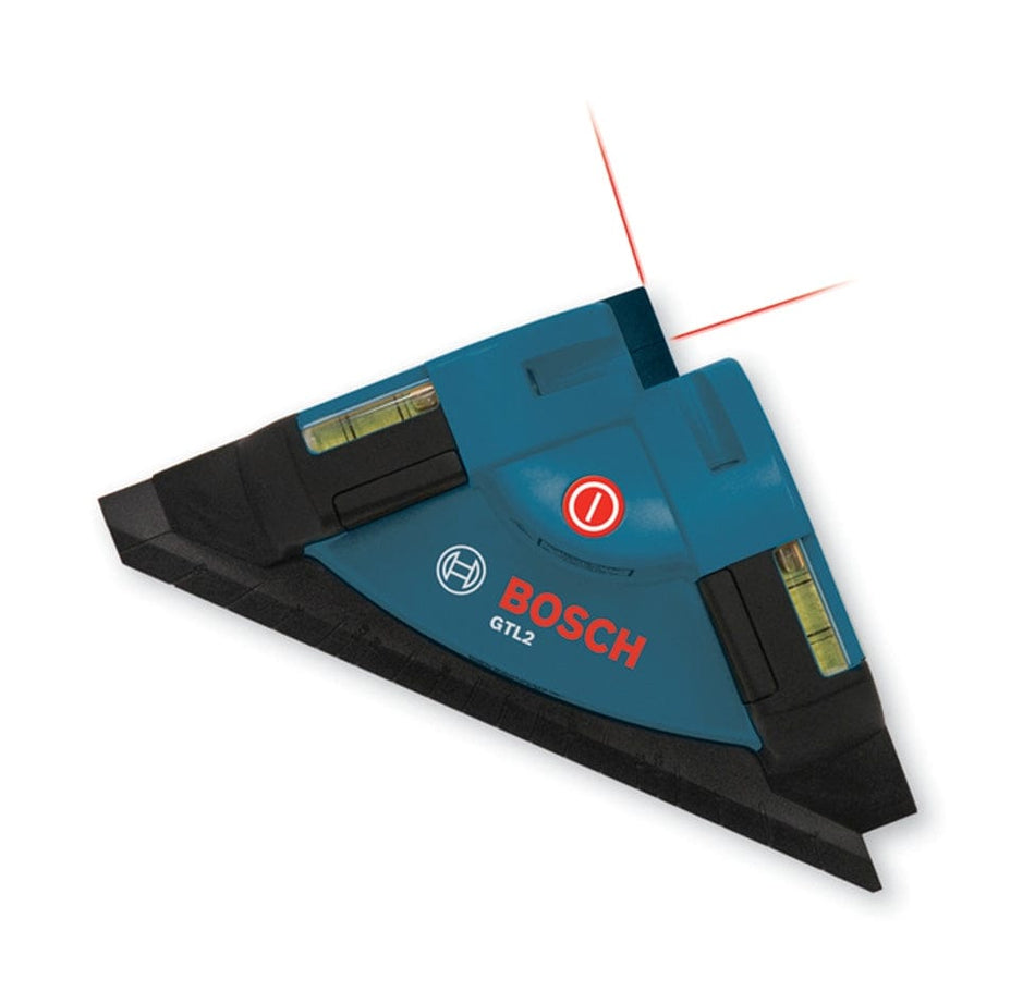 Bosch GTL2 laser level tool emitting two red laser lines at 90 degrees, with bubble levels and a red power button, used for precise alignment on flat surfaces
